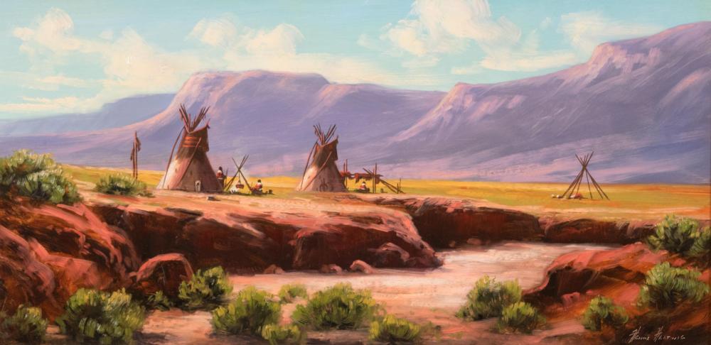 Appraisal: HEINIE HARTWIG California born oil on board Native American camp