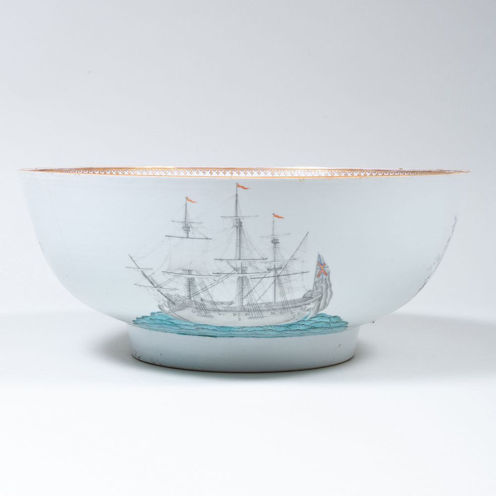 Appraisal: Large Chinese Export Porcelain Punch Bowl Decorated with Sailing Ships