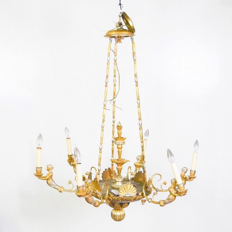 Appraisal: Figural Light Gilt Wood Chandelier With figural mermaid or maiden