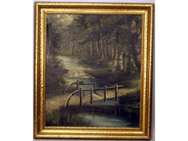 Appraisal: An early oil on canvas painting depicting a bridge crossing