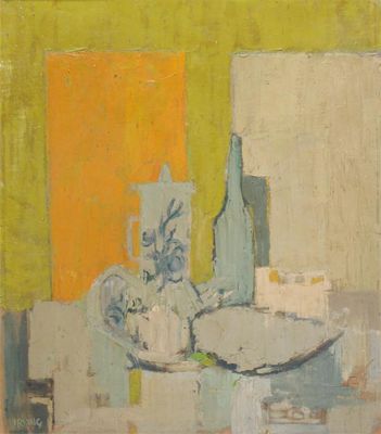 Appraisal: Irving th Century Still life of pots and bottle with