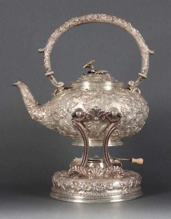 Appraisal: American repousse sterling silver hot water kettle and stand S