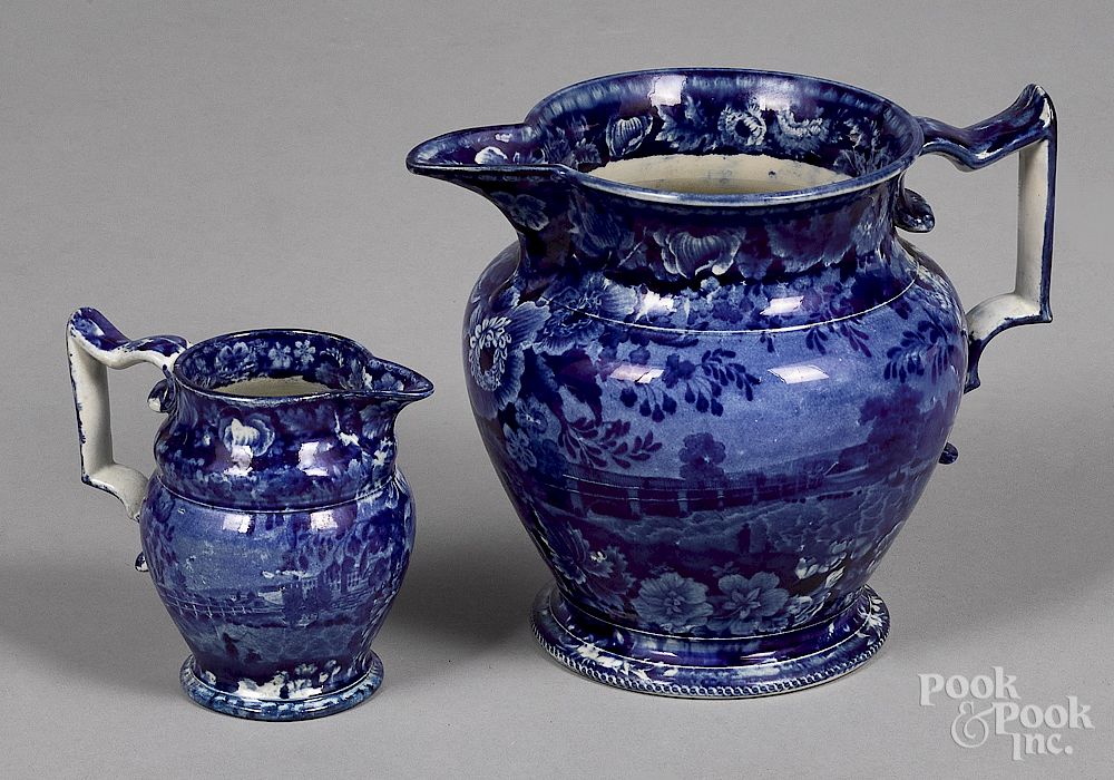 Appraisal: Historical blue Staffordshire pitcher and creamer Historical blue Staffordshire Erie