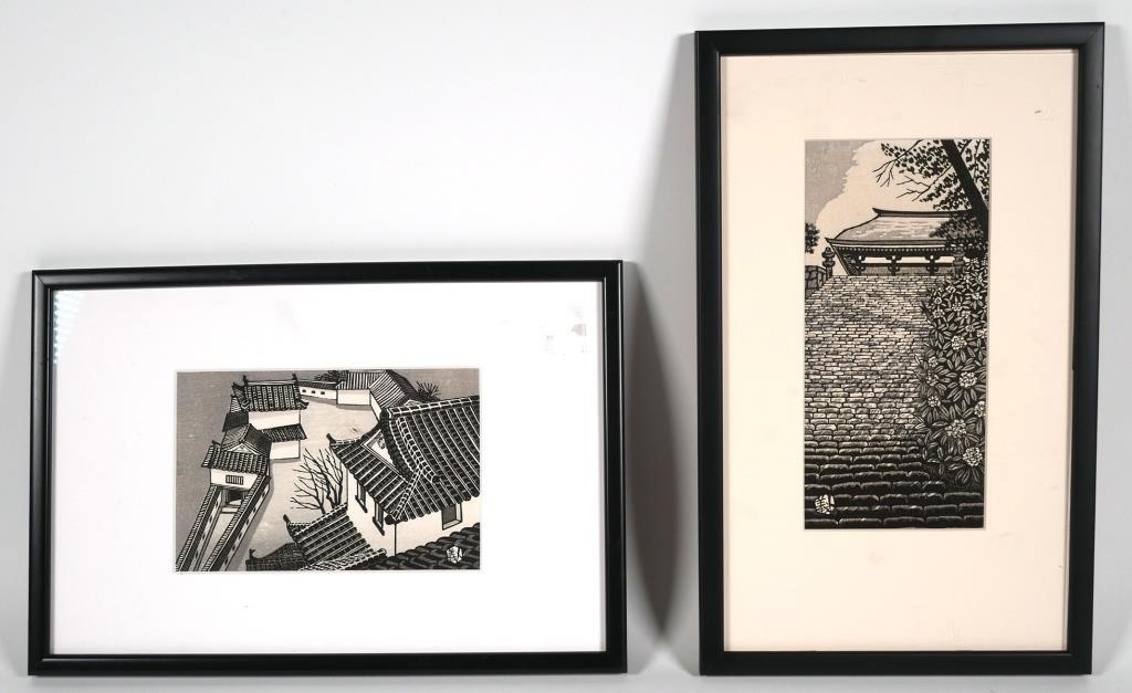 Appraisal: Pair of Japanese woodblock prints by Gihachiro Okuyama showing rooftops