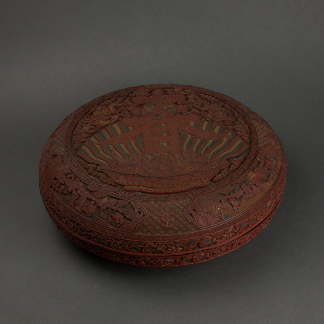 Appraisal: CHINESE IMMITATION CINNABAR LACQUER CIRCULAR BOX Chinese imitation cinnabar lacquer