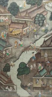 Appraisal: Large Thai Watercolor of a Village Scene Figures gathered at