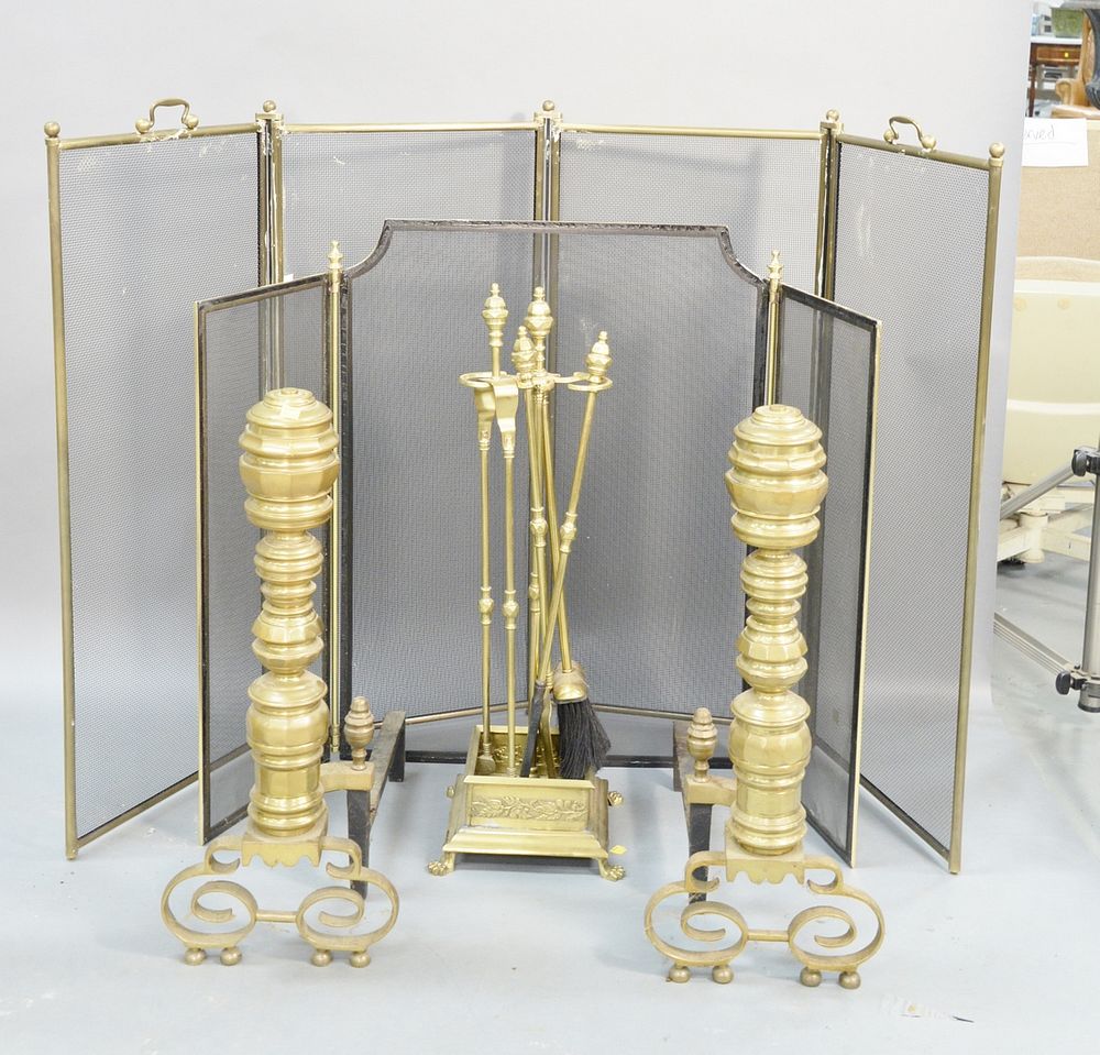 Appraisal: Five piece brass fireplace grouping to include a pair of