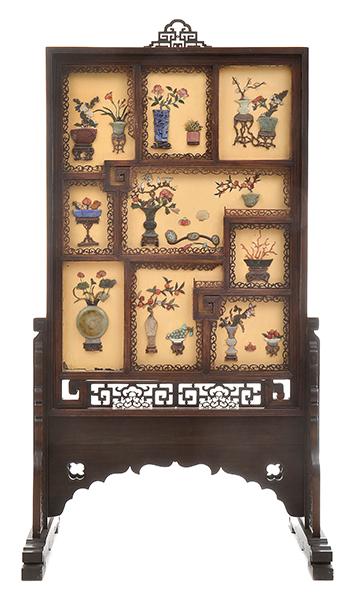 Appraisal: A CHINESE HARDWOOD AND LACQUER STONE INLAID SCREEN ON AN