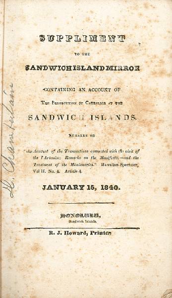 Appraisal: JONES JOHN COFFIN Supplement to the Sandwich Islands Mirror containing