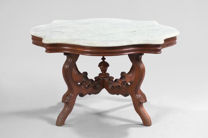 Appraisal: American Rococo Revival Walnut and Marble-Top Center Table now mounted