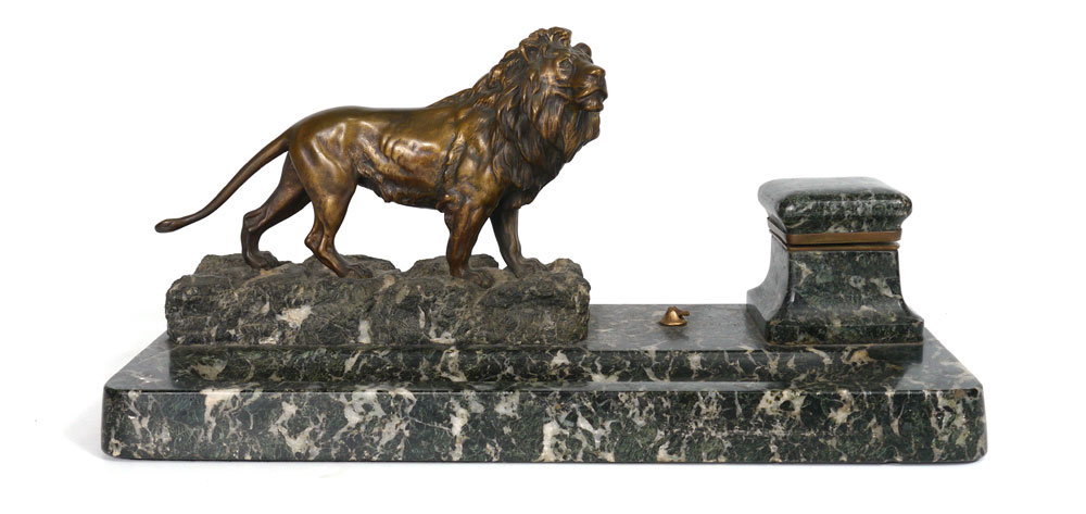 Appraisal: FIGURAL BRONZE LION AND MARBLE INKSTAND Large desk inkstand with