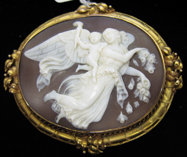 Appraisal: THREE ARTICLES OF CAMEO AND YELLOW GOLD JEWELRY including a