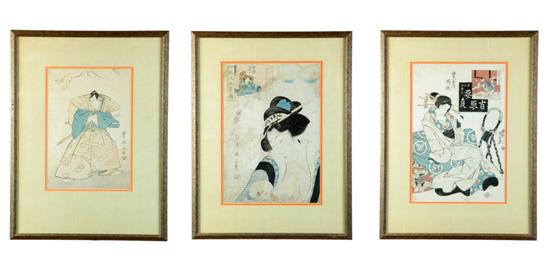 Appraisal: THREE WOODBLOCK PRINTS Japan th century One of a geisha