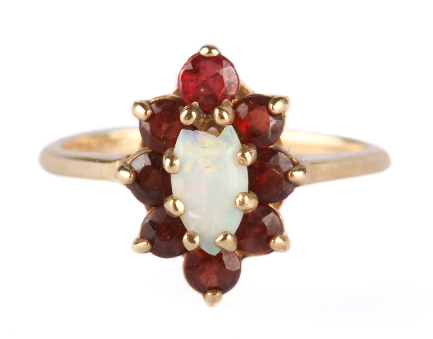 Appraisal: An Opal and Ruby Ring K oval opal center with