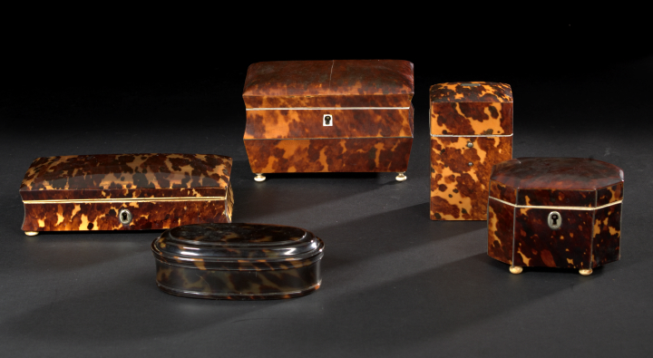 Appraisal: English Tortoiseshell Tea Caddy th century of elongated octagonal form