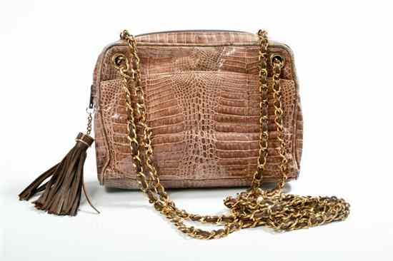 Appraisal: LUC BENOIT GLAZED PYTHON HANDBAG Taupe python fitted with zippered