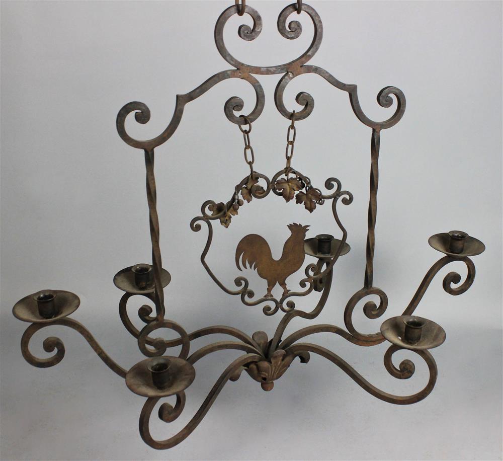 Appraisal: FRENCH PROVINCIAL WROUGHT IRON SIX ARM ROOSTER OVAL CHANDELIER NON-ELECTRIFIED