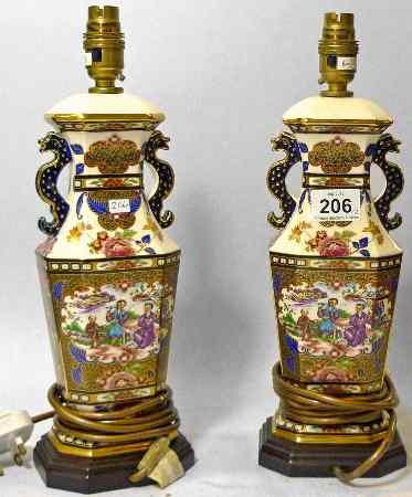 Appraisal: Pair Masons Lamps with Dragon Handles and Chinese scenes on