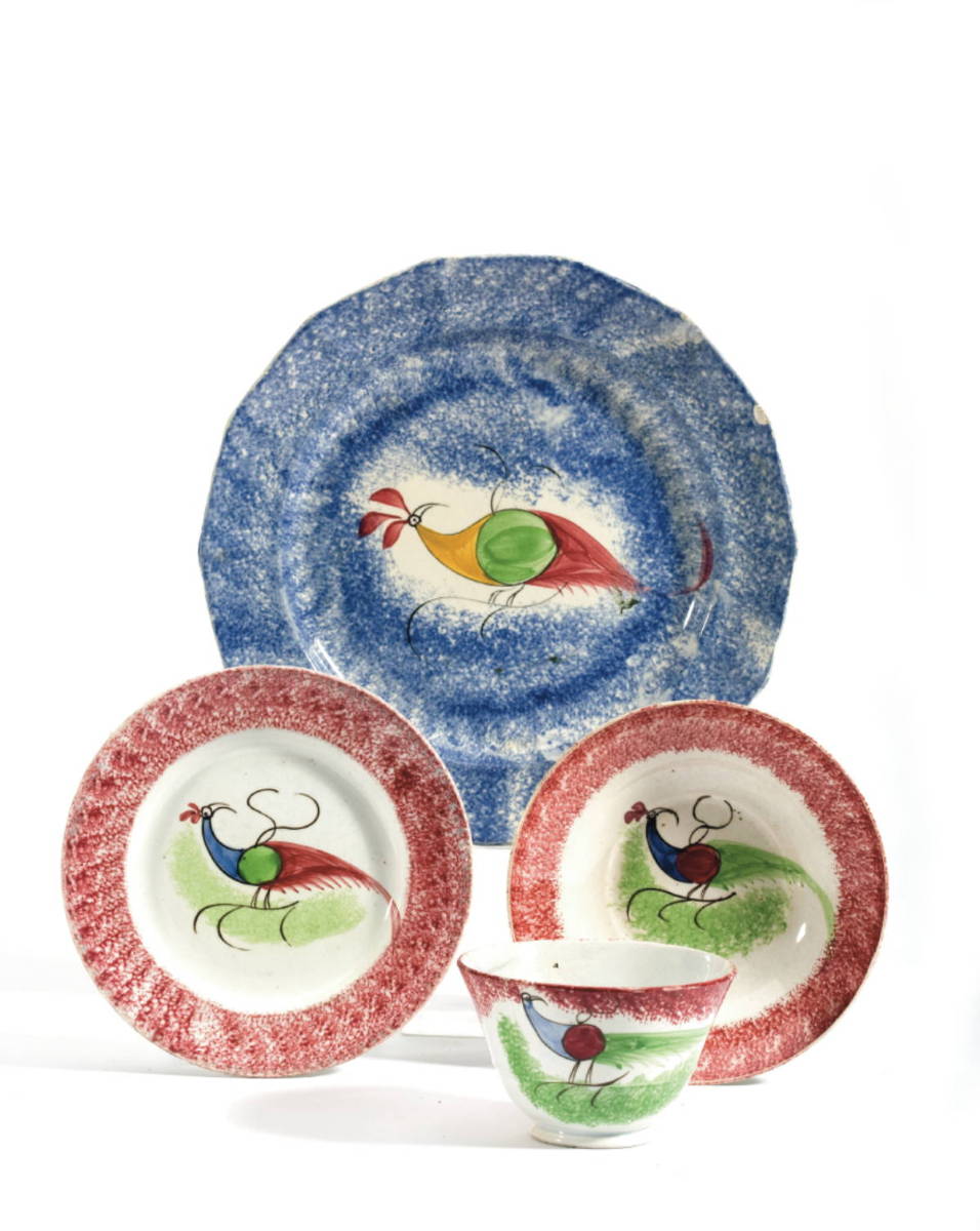 Appraisal: FOUR STAFFORDSHIRE SPATTERWARE quot PEAFOWL quot PATTERN WARES CIRCA Comprising