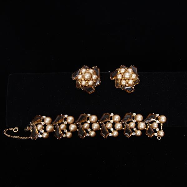 Appraisal: Schiaparelli pc Brown Amber bracelet clip earrings Signs of wear