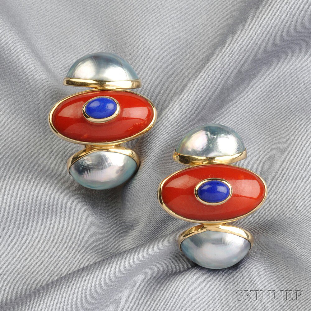 Appraisal: kt Gold Gem-set Earclips Marguerite Stix each with coral and