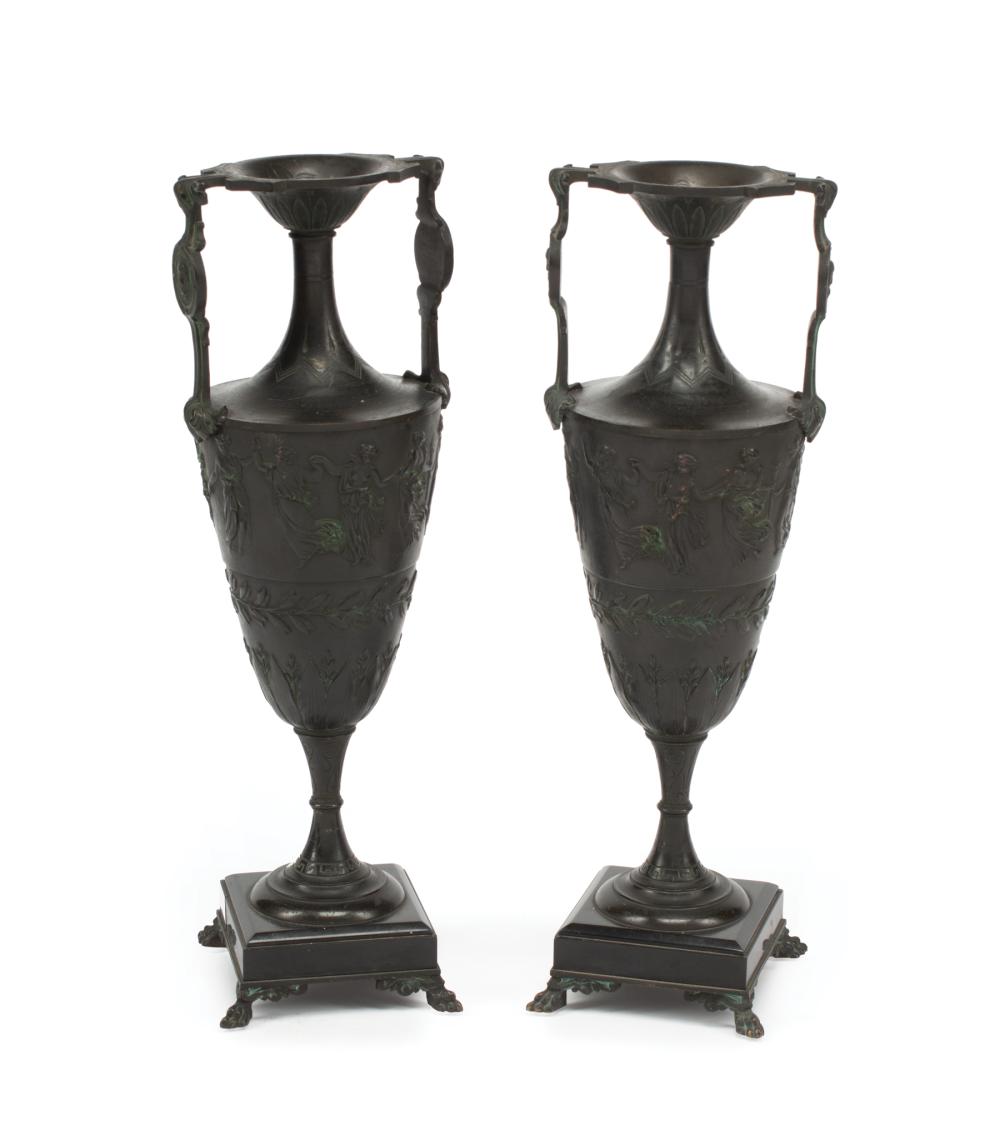 Appraisal: Pair of French Neo-Grec Patinated Bronze Vases c portrait medallion