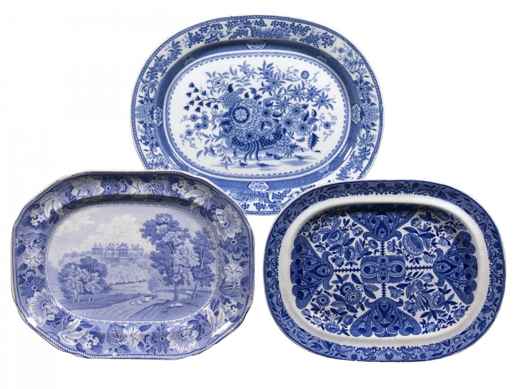 Appraisal: THREE BLUE PRINTED EARTHENWARE MEAT DISHES comprising Passion Flower Border