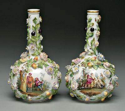 Appraisal: Pair porcelain vases bottle form hand painted scenes with lovers