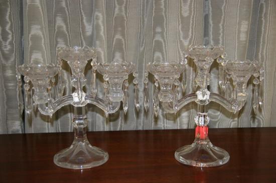 Appraisal: PAIR CZECH CRYSTAL THREE-LIGHT CANDELABRA Suspending prisms - in high