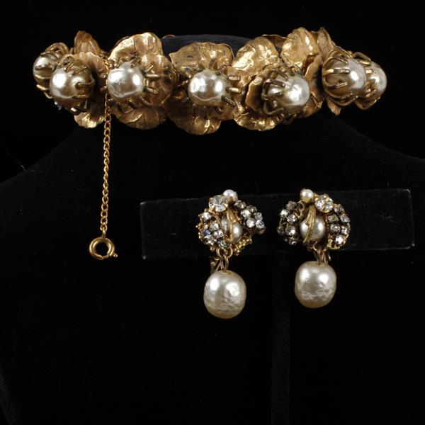 Appraisal: Unsigned Frank Hess Miriam Haskell Bracelet with Faux Pearls Gold