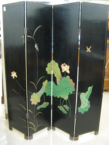 Appraisal: CHINESE FOUR-PANEL FLOOR SCREEN one side decorated with relief-carved birds