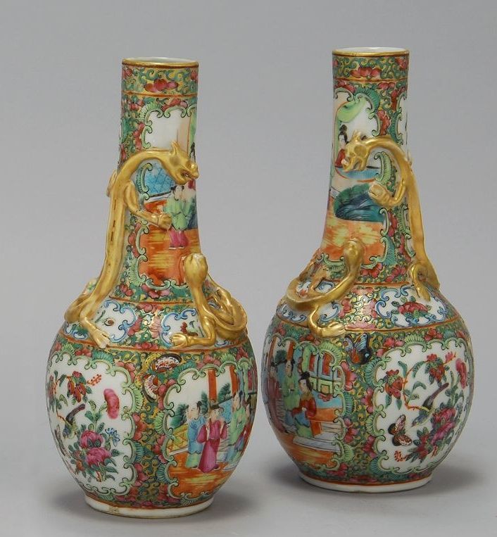 Appraisal: PAIR OF CHINESE EXPORT ROSE MANDARIN PORCELAIN VASES Circa With