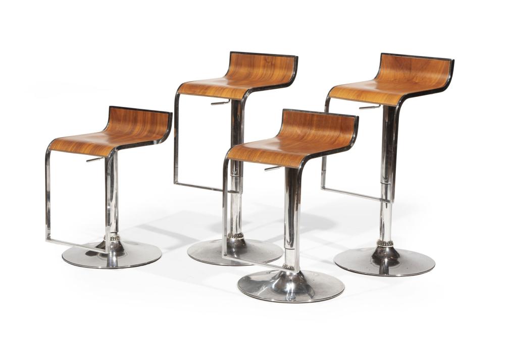 Appraisal: Four Modern Chrome and Laminated Walnut Barstools concave seat adjustable