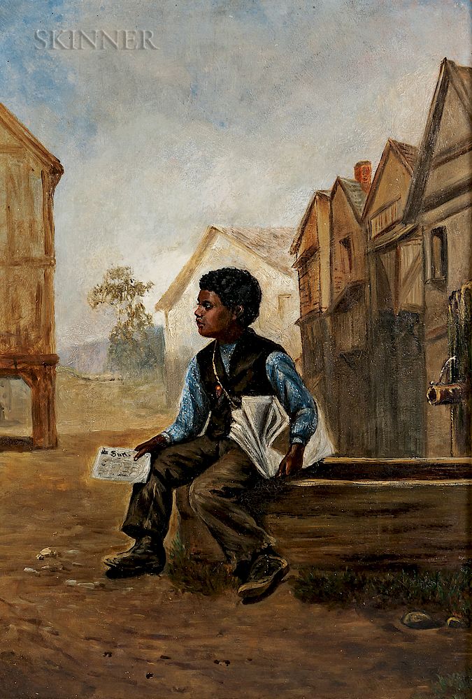 Appraisal: American School th Century Newspaper Boy Seated by a Water