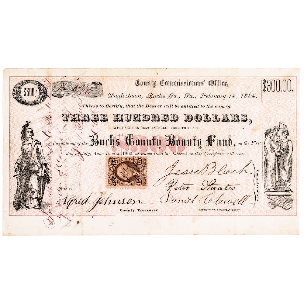 Appraisal: Civil War Bucks County Pennsylvania Enlistment Bounty Fund Bond Civil