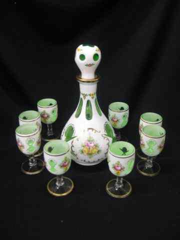 Appraisal: Enameled Cased Glass Decanter Cordials white cutback to emerald ''