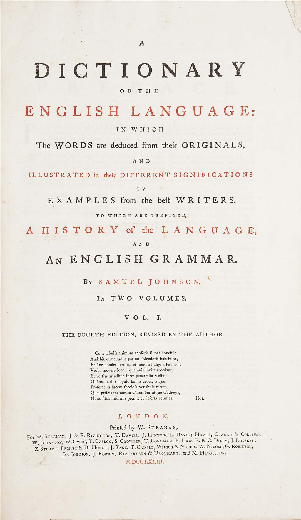 Appraisal: JOHNSON SAMUEL A DICTIONARY OF THE ENGLISH LANGUAGE London Fourth