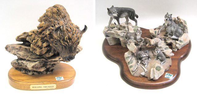 Appraisal: TWO MOLDED SCULPTURES Rolling Thunder a bison by on oak