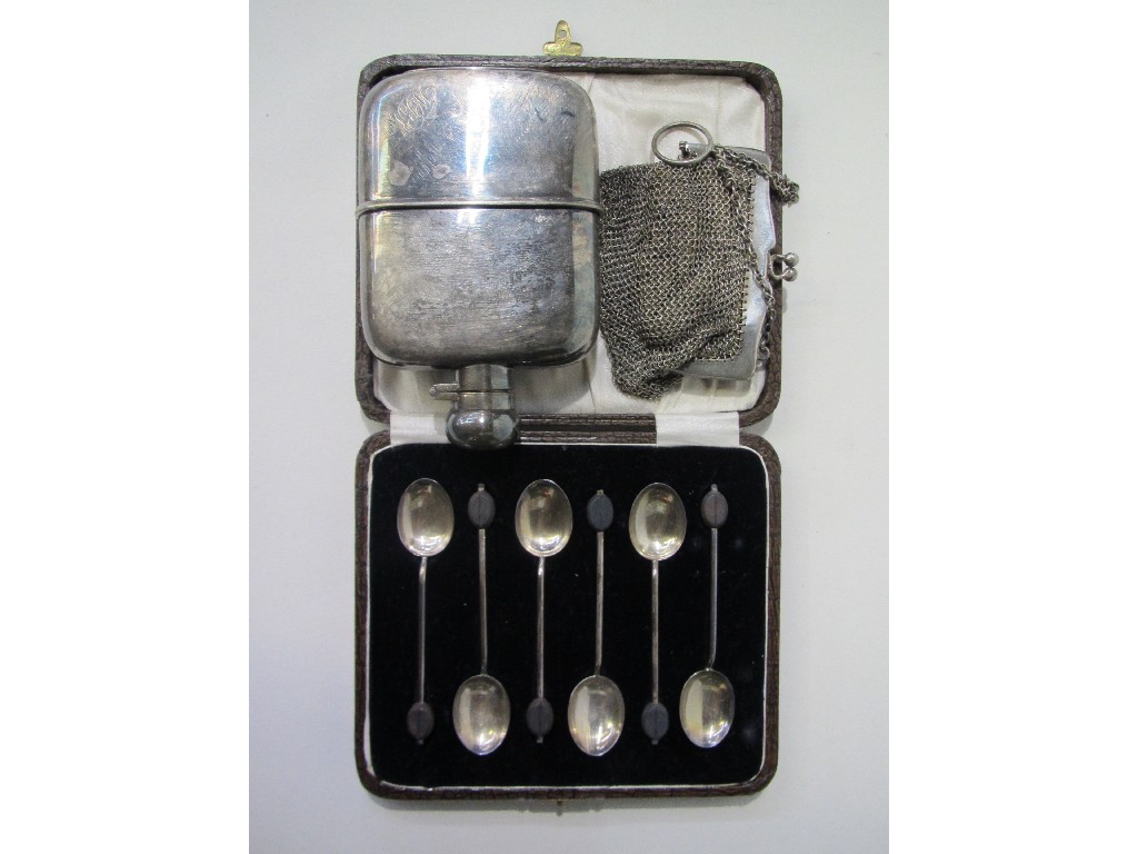 Appraisal: Lot comprising cased silver spoons silver purse and EP hip