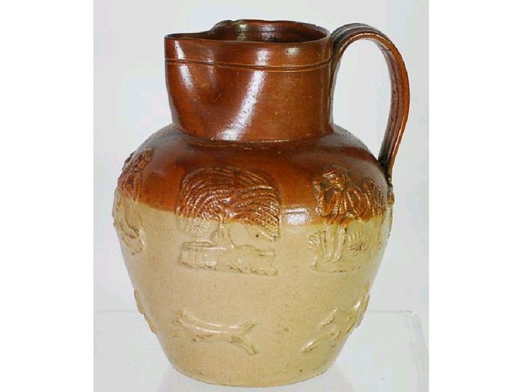 Appraisal: th CENTURY LAMBETH SALT GLAZE STONEWARE JUG sprigged with topers