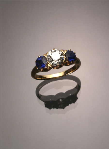 Appraisal: Tested -Karat Yellow-Gold Diamond and Twin-Blue Sapphire Dinner Ring The