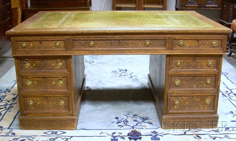 Appraisal: British Oak Double-pedestal Partners Desk with Tooled Leather-inset Writing Surface