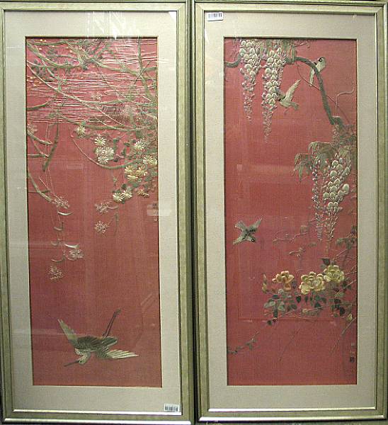 Appraisal: A set of three embroidered red silk panels Each framed