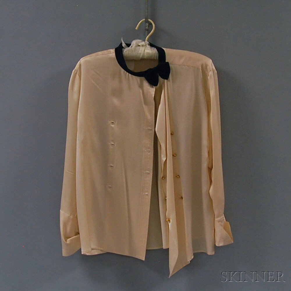 Appraisal: Chanel Ivory Silk Blouse with black silk bow collar double