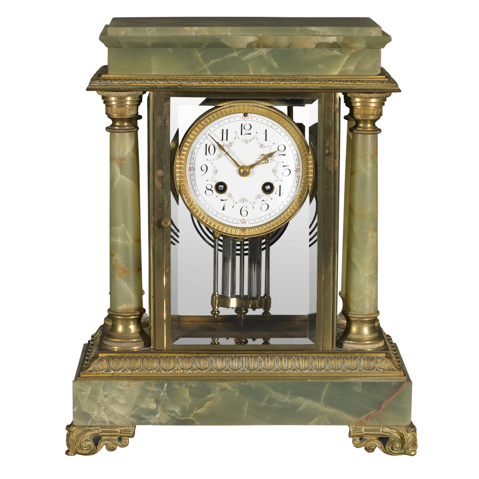 Appraisal: French Onyx and Gilt Bronze Four Glass Mantel Clock c