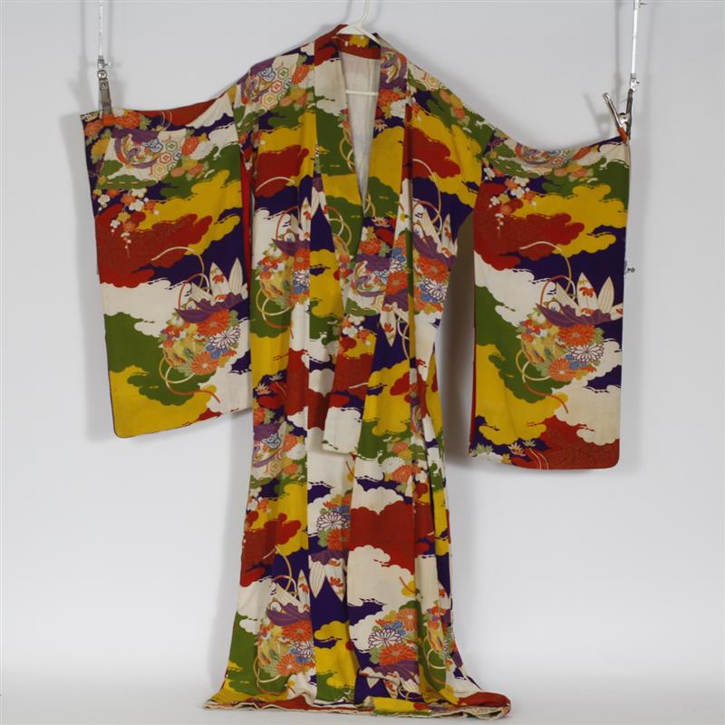 Appraisal: Japanese Polychrome Floral Silk Kimono Some fabric loss on bottom