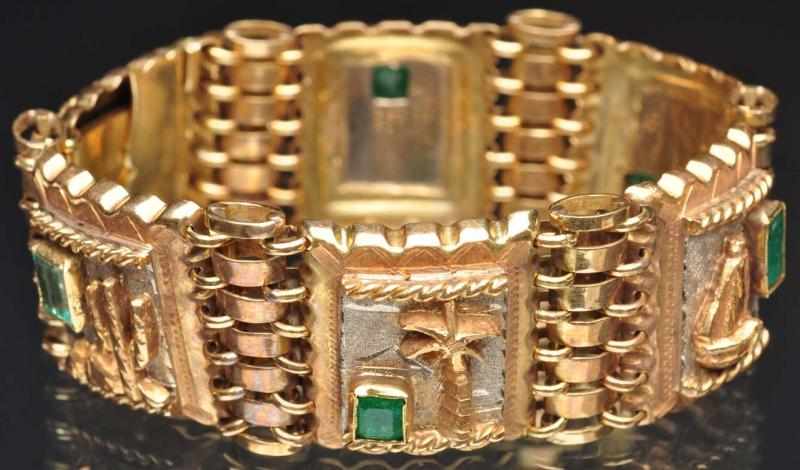 Appraisal: K Y Gold Mexican Theme Bracelet with Emeralds Weight grams