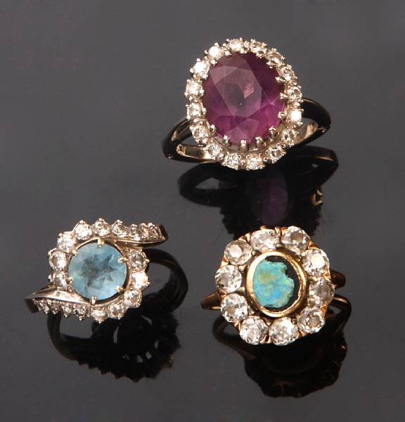 Appraisal: A collection of three gem-set and gold rings together with