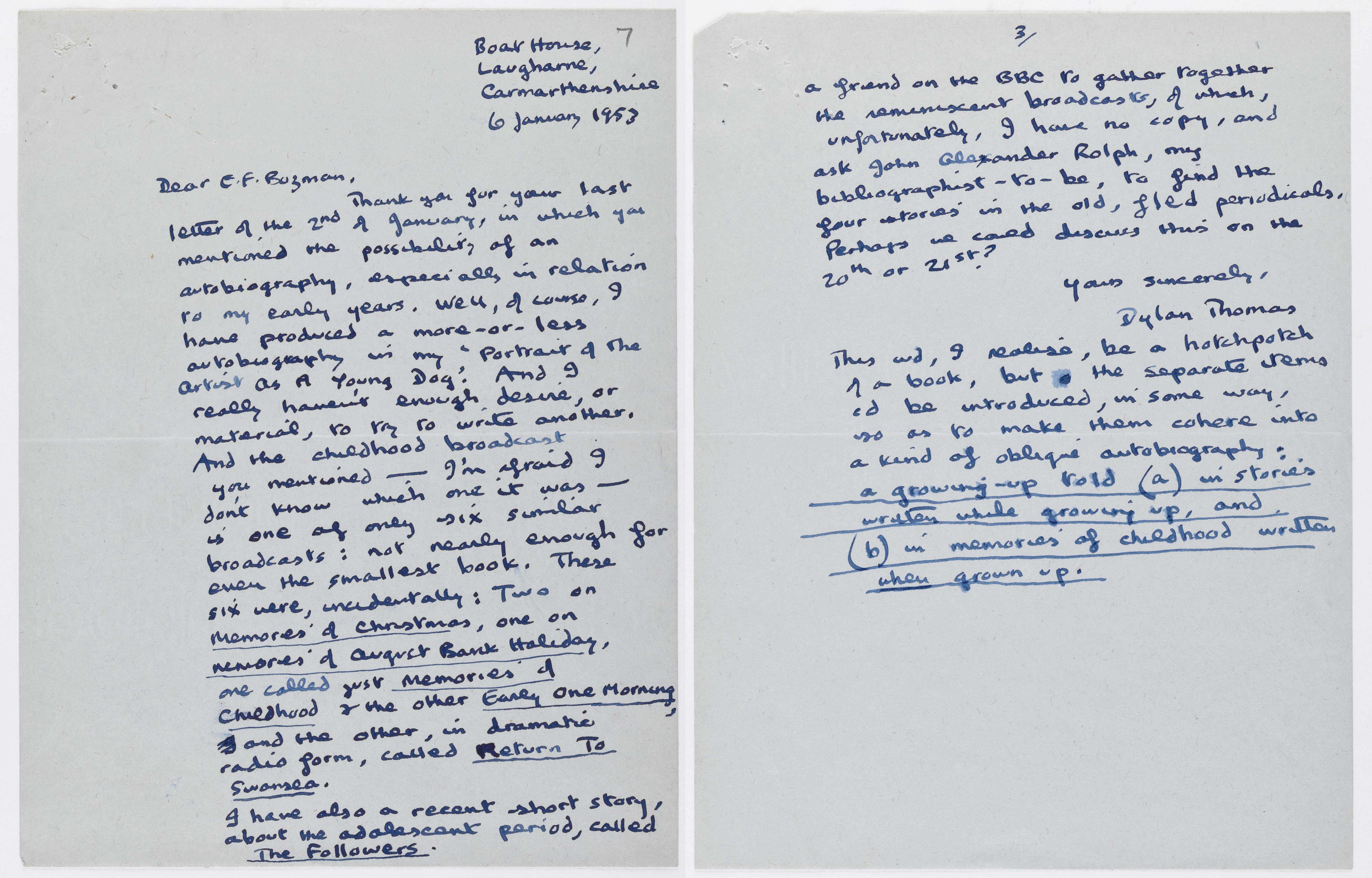 Appraisal: THOMAS DYLAN - ON A PROJECT FOR A BOOK Autograph