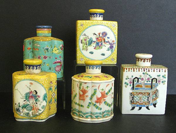 Appraisal: Five Chinese porcelain famille rose tea canisters modern heights between